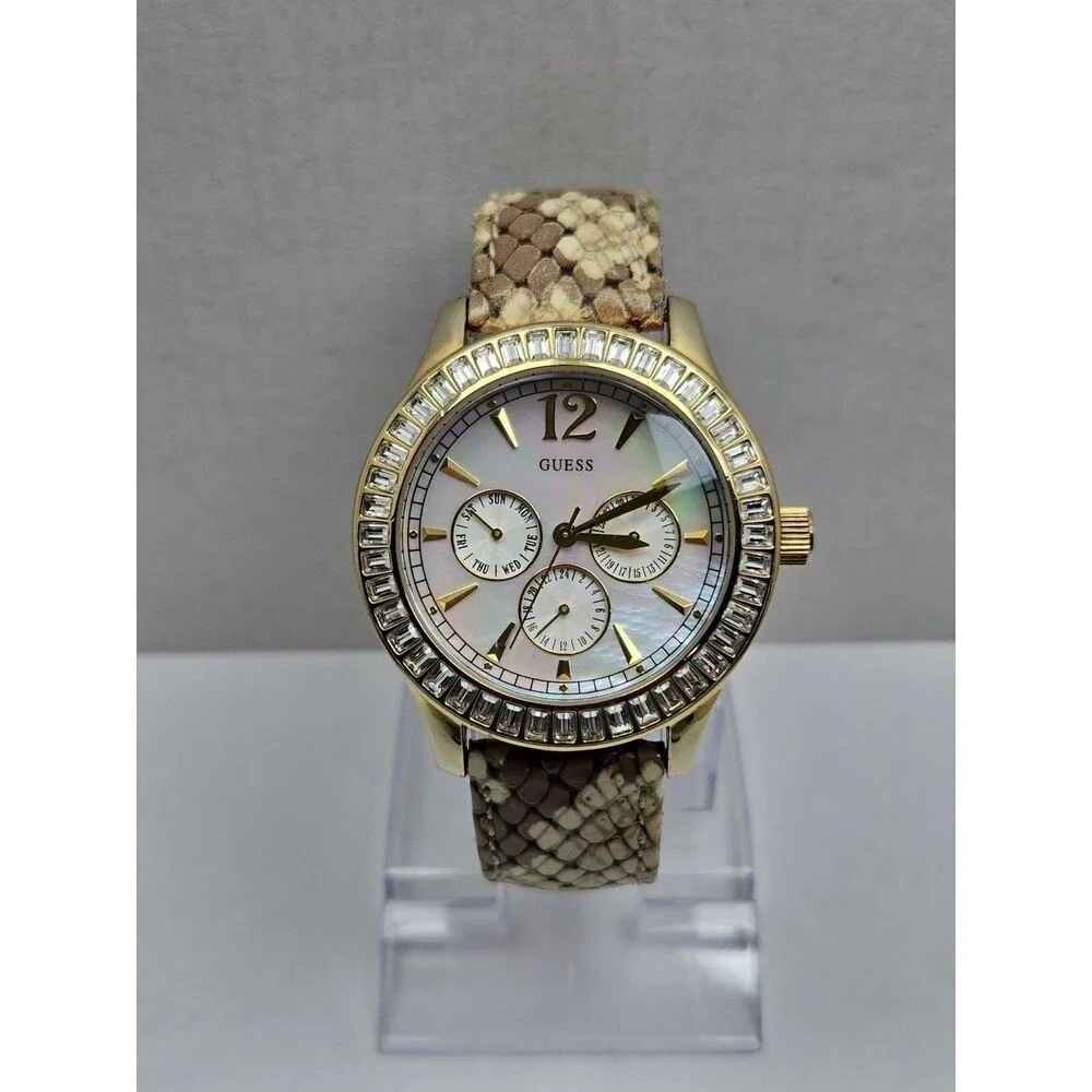 GUESS Womens Gold Tone MOP Day Date Watch Crystals Snake Leather New Battery